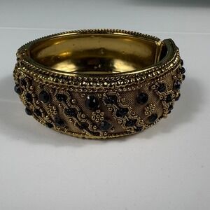 Vintage Style Gold Tone Hinged Bangle Black Rhinestone Statement Bracelet‎